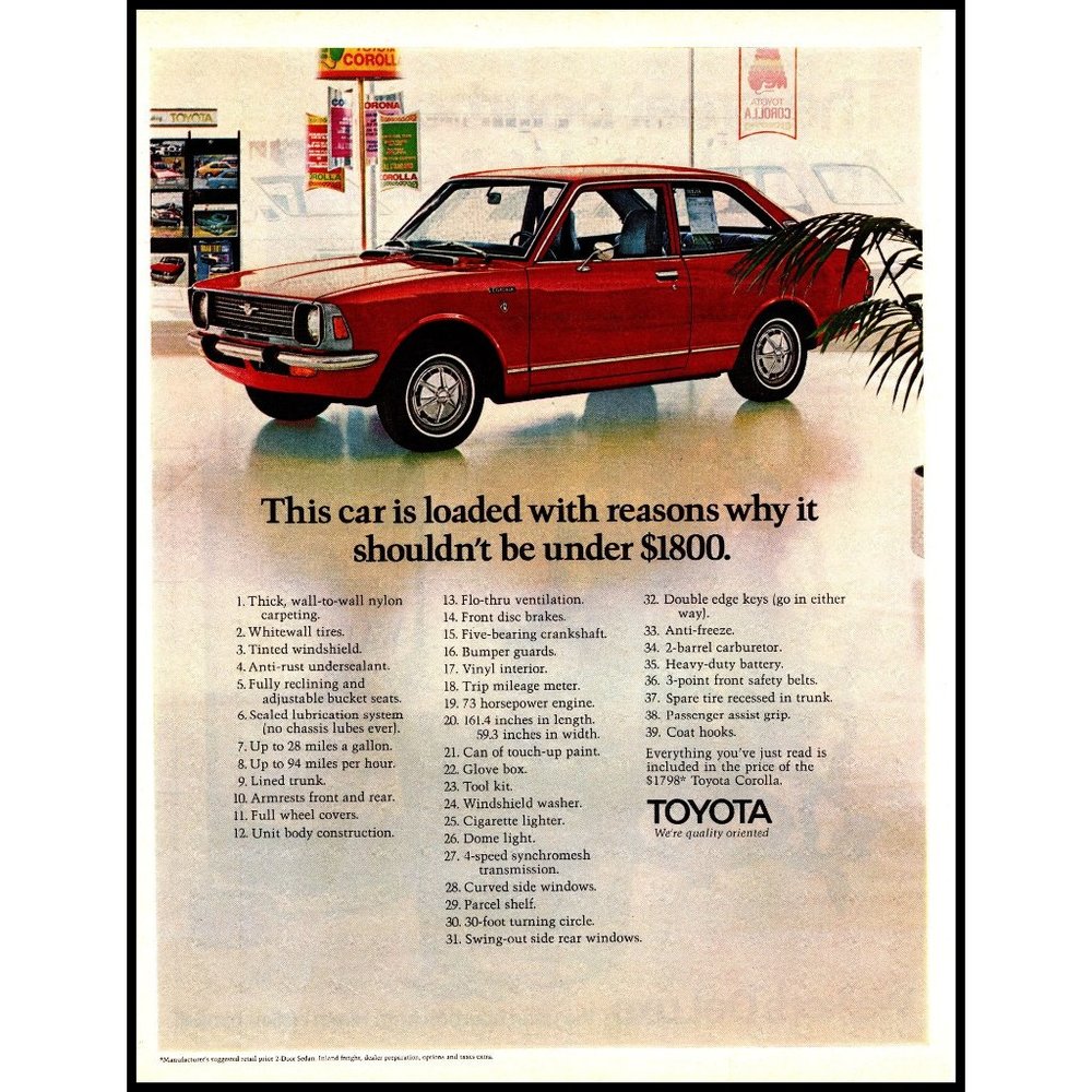 1971 Toyota Corolla 2 Door Vintage Print Ad Showroom Dealer Wall Art 10x13